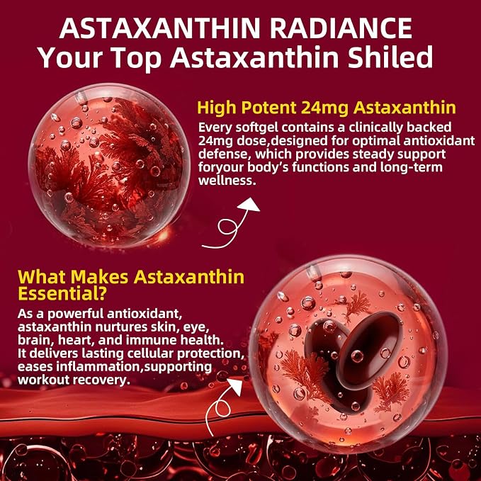 Astaxanthin 24mg, Premium Astaxanthin Antioxidant Supplements with MCT Oil, Ashwagandha, Supports Eye, Skin, Immune, Internal Circulation, Fresh Microalgae Source, Triple Strength - 300 Softgels