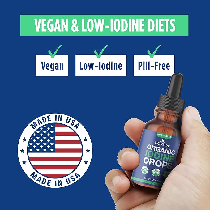NOVEHA Organic Iodine Drops - Potassium Iodide Liquid - Iodine Supplements for Thyroid & Metabolism Support, 250 mcg per Serving, USDA Organic, Vegan, Non-GMO, Gluten-Free | 30-Month Supply - 2 Fl Oz