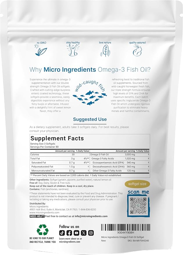 Micro Ingredients Omega 3 Fish Oil Supplements 3,000mg Per Serving, 240 Softgels | Lemon Flavored – Burpless | EPA 540mg + DHA 360mg | Deep Sea Fish