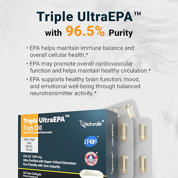 Naturalis Triple Strength UltraEPA™ EPA 1000mg | Pharmaceutical Grade High Purity 99% Omega-3 with 96.5% EPA Burpless Fish Oil | IFOS Certified, Sustainably Sourced, Non-GMO | Pack of 10