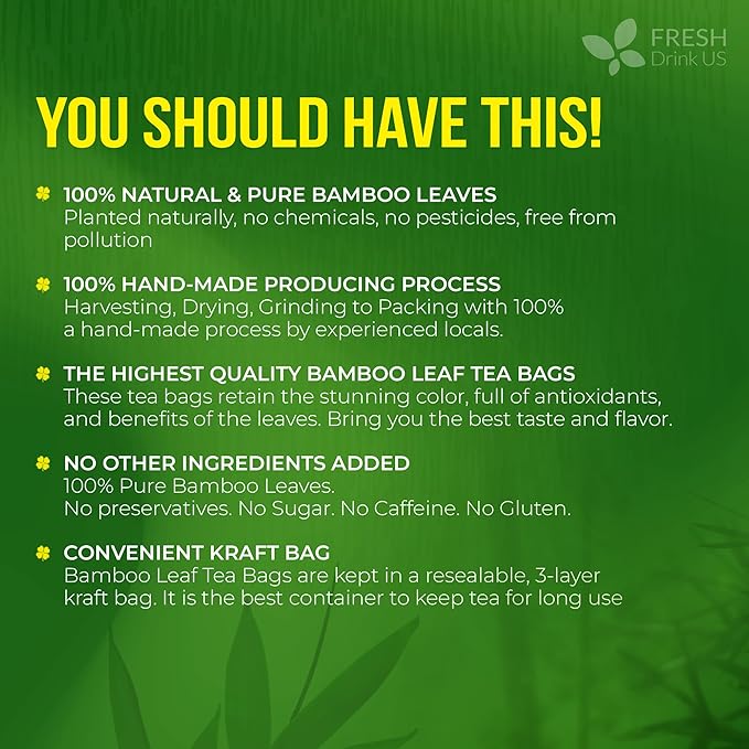 FreshDrinkUS, Premium Bamboo Leaf Tea Bags | 40 Count | Naturally Light & Refreshing Caffeine-Free Herbal Tea – From 100% Natural Bamboo Leaves. Sugar-Free. Vegan