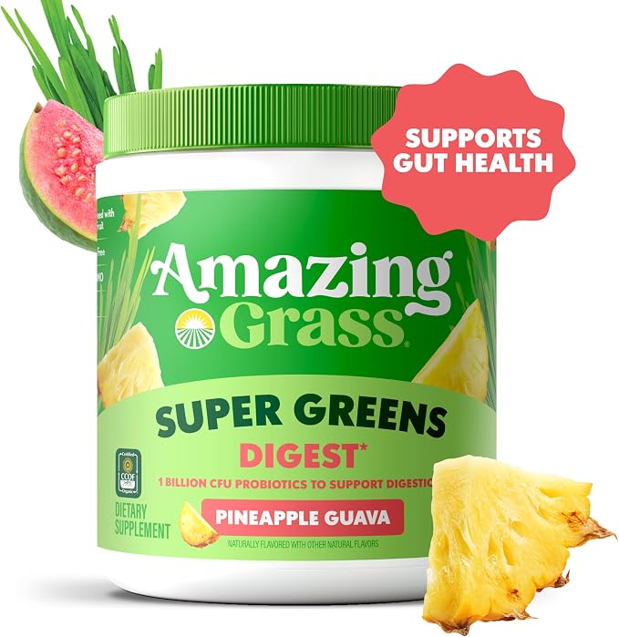 Amazing Grass Greens Blend Digest: Super Greens Powder Smoothie Mix for Digestion Support with Organic Spirulina, Chlorella, Beet Root Powder, Digestive Enzymes & Probiotics, 30 Servings