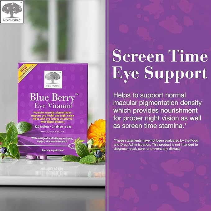 NEW NORDIC Blue Berry Eye Vitamin Lutein Supplement with Zinc, Supports Macular Pigmentation, Eye & Vision Function, 120 Tablets (Pack of 1)