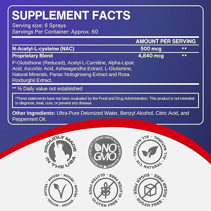 Liquid Liposomal Glutathione Spray - Maximum Absorption Glutathione Supplement with NAC, Ashwagandha, Glutamine, Ascorbic Acid - Sublingual Easy Use - Immune & Detox Support - 4oz