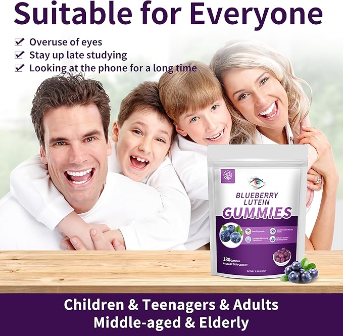 Blueberry Lutein Eye Vitamins Gummies with 180 Count - 3 Month Supply, Vegan Eye Health Supplement for Kids and Adult, Lutein Gummies for Vision Clarity and Blue Light Support