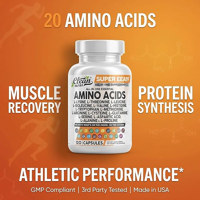 Clean Nutraceuticals Amino Acids Supplement L-Lysine, L-Threonine, L-Leucine, Isoleucine, Valine, L-Histidine, L-Tryptophan, L-Methionine, L-Arginine, L-Cysteine, L-Glutamine, L-Serine, Aspartic Acid