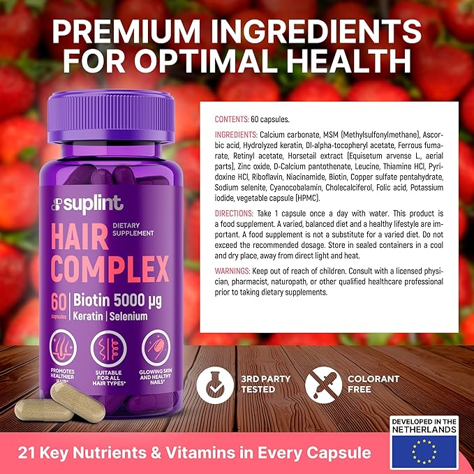 Hair Vitamin Complex with Biotin 5000mcg, Keratin, Selen, Zink | Hair Growth Supplement with Vitamin A, C, D, E, B12 | Hair, Skin & Nail Support Supplement for Women & Men | 60 Capsules