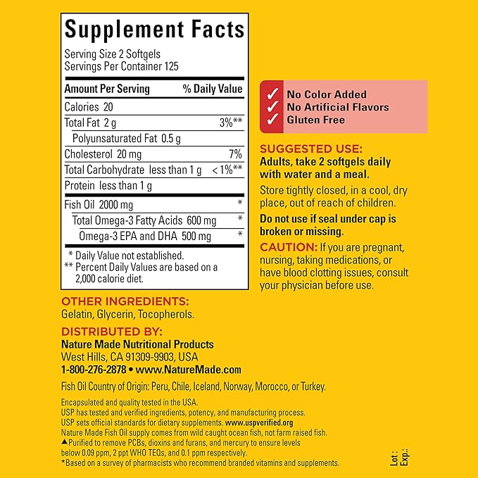 Nature Made Fish Oil Omega 3 Supplements, 1000mg Softgels, Omega 3 Fish Oil for Healthy Heart Support, 250 Softgels, 125 Day Supply