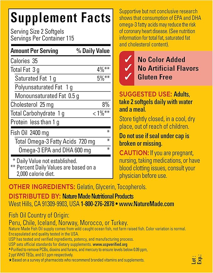Nature Made Fish Oil Omega 3 Supplements, 1200 mg Softgels, Omega 3 Fish Oil for Healthy Heart Support, 230 Softgels, 115 Day Supply
