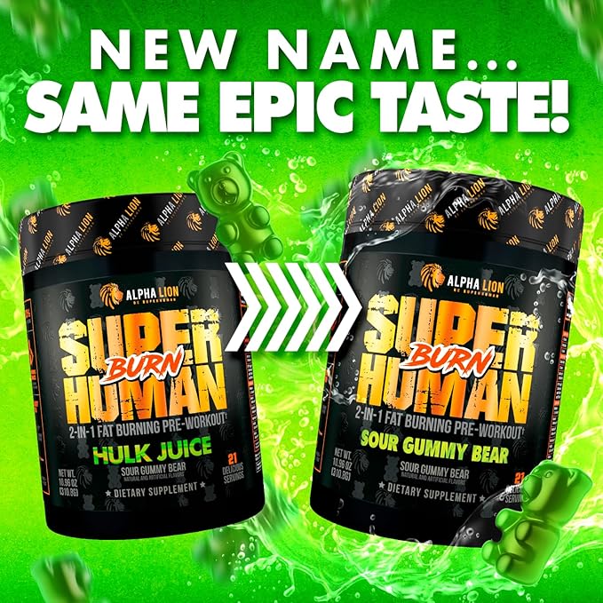 ALPHA LION Superhuman Burn, 2 in 1 Metabolism Booster Pre Workout and Men's Thermogenic Fat Burner, Sour Gummy Bear (Hulk Juice), Package Varies
