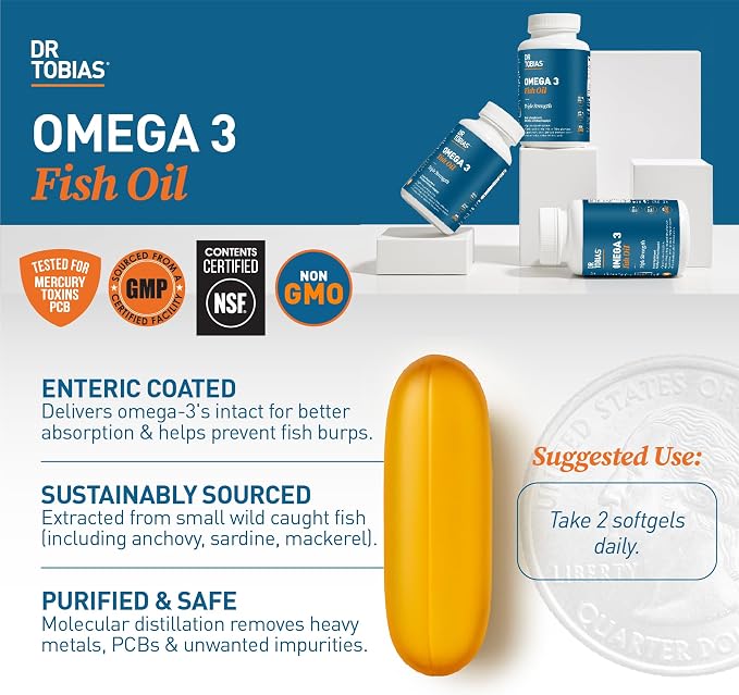 Dr. Tobias Omega 3 Fish Oil 2000mg Triple Strength with 800mg EPA 600mg DHA Per Serving | Fish Oil Omega 3 Supplements for Heart Brain & Immune Support - 60 Softgels (30 Servings)