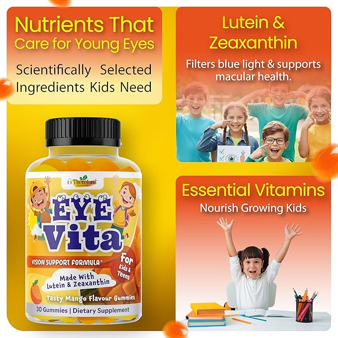 Kids Eye Vitamins - Eye Health Gummy for Kids & Teens, Lutein Gummies 12mg with Zeaxanthin 30 Easy-to-Chew, Mango Flavor Gummies - Natural, Vegan, and Non-GMO Formula