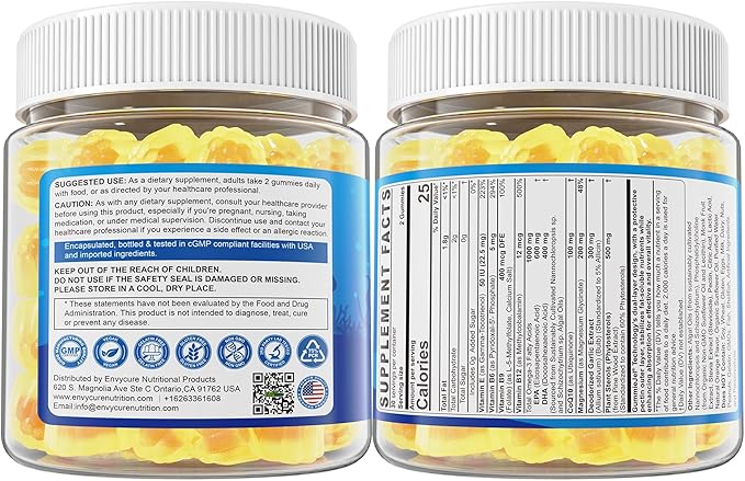 Vegan Omega-3 Gummies 1000mg +CoQ10+Magnesium- EPA 600mg DHA 400mg, Fish Oil Omega 3 Supplements Alternative for Women Men Adults, Liposomal, Algae, Plant Sterols, Garlic,B6,B9, B12, Sugar Free, 2Pack