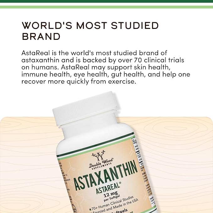 Astaxanthin - Triple Strength 12mg (Only Patented Astaxanthin (Astrareal) with 70+ Human Clinical Trials) Grown, Harvested, and Made in The USA (Astaxantina) by Double Wood