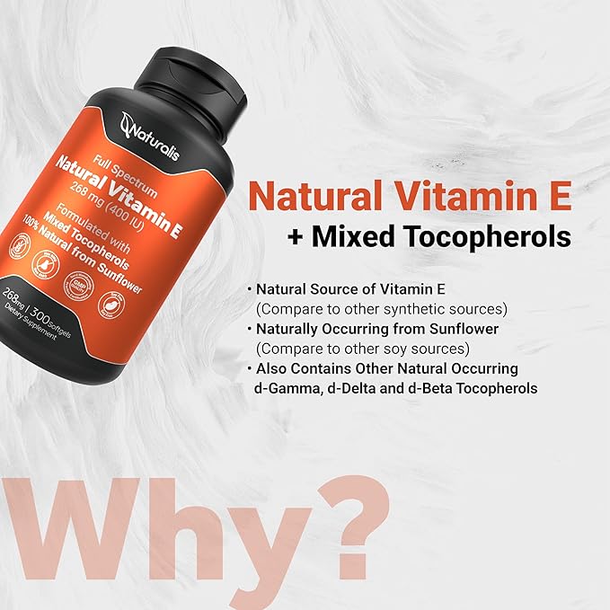 Naturalis Sunflower Vitamin E 268mg (400 IU) with Mixed Tocopherols | Essential Skin Vitamin & Immune Support | Non-GMO, Soy & Gluten Free | 300 Softgels