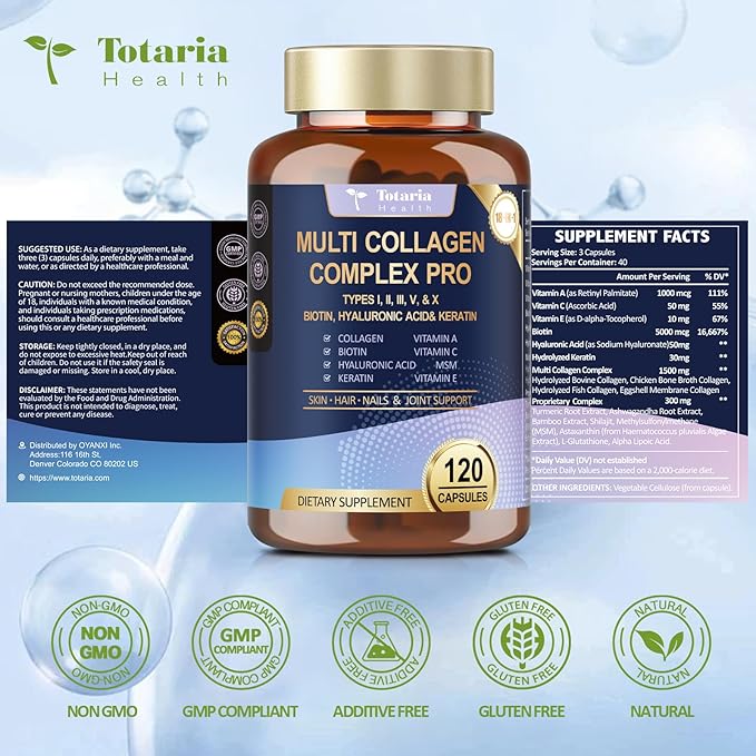 18-in-1 Collagen Pro with Hyaluronic Acid, Keratin, Biotin, VIT A C & E for Skin, Hair, Nails, Joint & Beauty - Multi Collagen Peptides Capsules with Type I II III V & X for Women & Men - 120 Caps