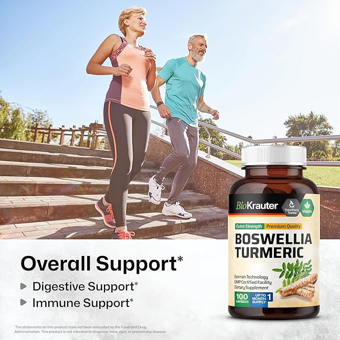 BIO KRAUTER® Turmeric Curcumin Supplement with Boswellia for Joint Support - Vegan Turmeric with Black Pepper & Boswellia Extract 100 Capsules, 33 Days of Supply, Non-GMO - Natural Digestive Support