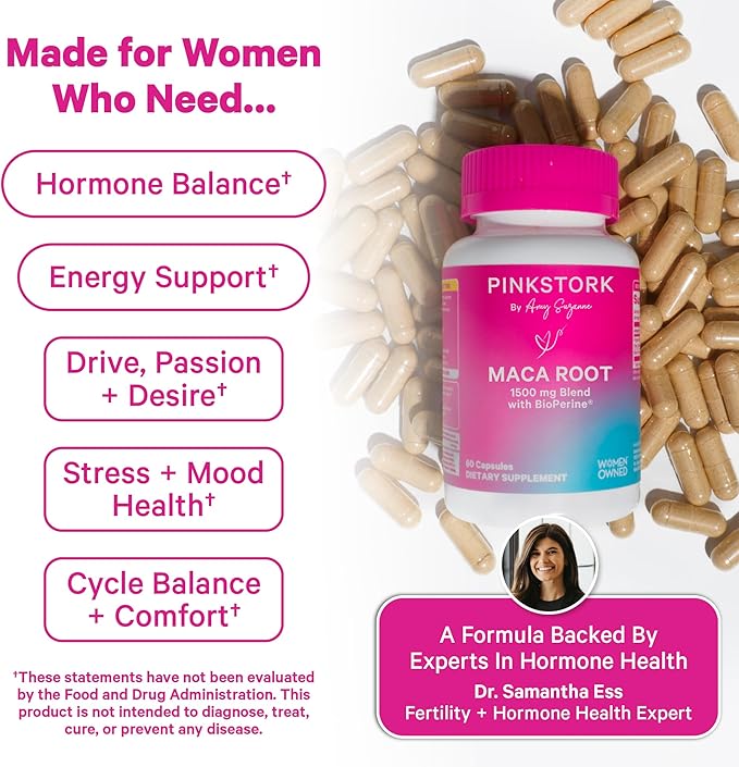 Pink Stork Maca Root Capsules for Women – Organic Maca with BioPerine® for Hormonal Balance, Energy + Wellness – Supports Perimenopause, Menstrual Health, and Vitality