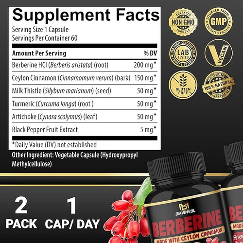 (2 Packs) Berberine Supplement Plus Ceylon Cinnamon, Turmeric - 120 Capsules - Supports Immune Function - Berberine HCl Supplement Pills - 4 Months Supply
