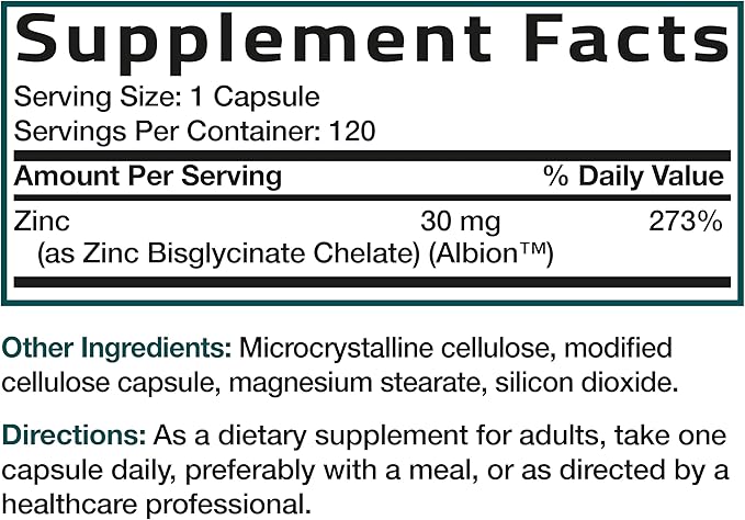 Bronson Zinc Glycinate 30mg Chelated Superior Absorption 100% Chelated Formula Non-GMO, 120 Vegetarian Capsules