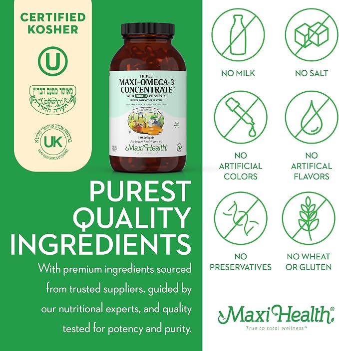 Maxi Health Triple Omega 3 Fish Oil Concentrate with 2000 IU Vitamin D3 – Enteric Coated Fish Oil Omega 3 Supplements with High EPA DHA for Heart, Brain, Joint, and Eye Support Kosher 180 Softgels