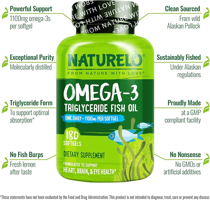 NATURELO Burpless Omega 3 Fish Oil Supplement - 1100mg Triglyceride Omega-3, EPA + DHA, for Heart, Eye, Brain, Joint Health - 180 Softgels, 6 Months Supply