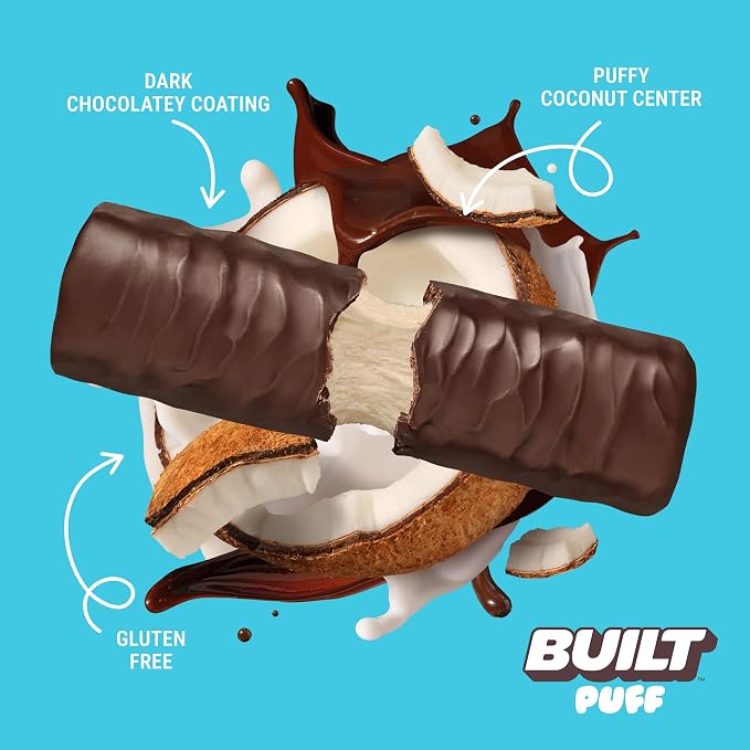 BUILT Puff Protein Bars, Coconut, 17g Protein - 12 Count | Protein Snack Bar with Collagen, Calorie Conscious, Gluten Free