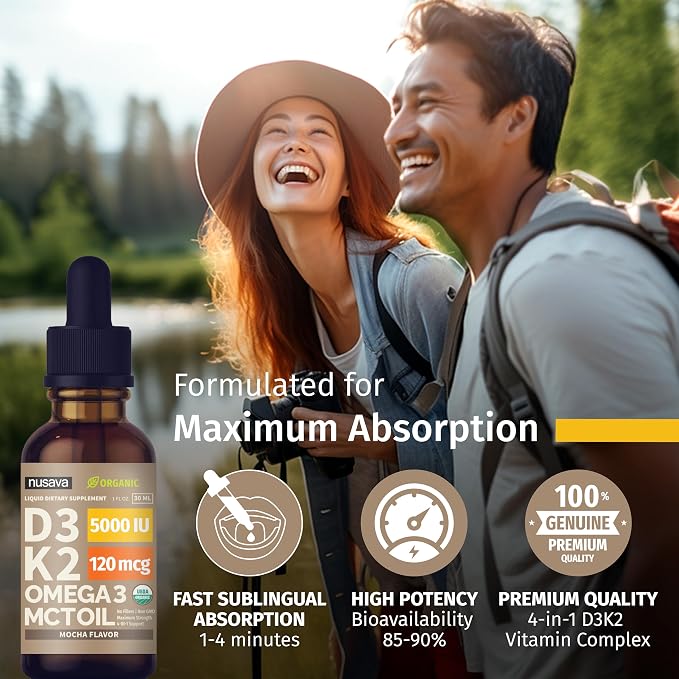 NUSAVA (2 Pack) Organic Vitamin D3 K2 Drops with MCT Oil Omega 3, 5000 IU, Maximum Strength Vitamin D Liquid, No Fillers, Non-GMO Liquid D3 for Faster Absorption and Immune Support (Mocha, 2 Fl Oz)