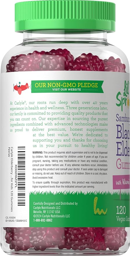Carlyle Elderberry Gummies for Kids | 120 Count | Zinc and Vitamin C | Berry Flavor | Vegan, Non-GMO, and Gluten Free | by Lil' Sprouts