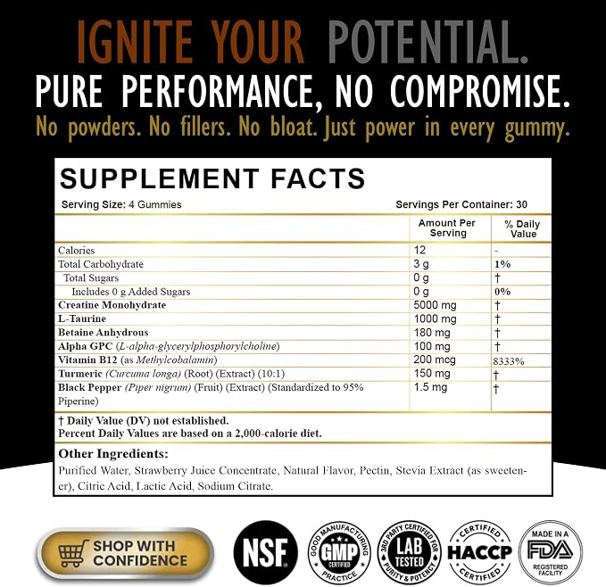 Creatine Monohydrate Gummies for Men & Women - Sugar Free & Vegan Advanced Formula W/L-Taurine + Vitamin B12 - for Muscle Strength, Muscles Builder, Recovery (120 Count (Pack of 1), Strawberry)