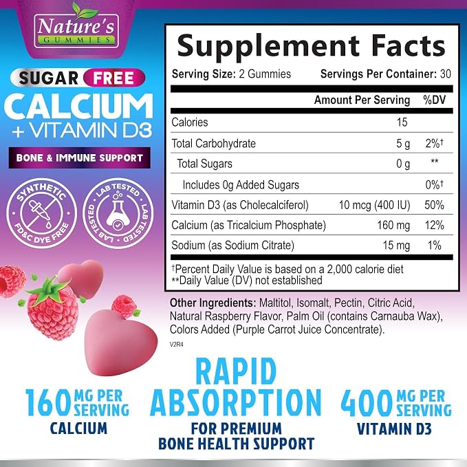 Calcium Supplement Gummies - Sugar Free Calcium Gummy with Vitamin D3 for Best Absorption - Supports Immune Health, Bones & Teeth - Nature's Calcium Chews for Women & Men - Berry Flavor - 60 Gummies