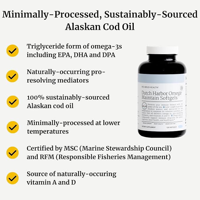 Big Bold Health Dutch Harbor Omega Maintain Softgels - Premium Alaskan Cod Liver Oil (120 Count) - Sustainably Sourced Omega-3 Supplement with EPA, DHA, DPA - Natural Vitamins A & D - MSC Certified