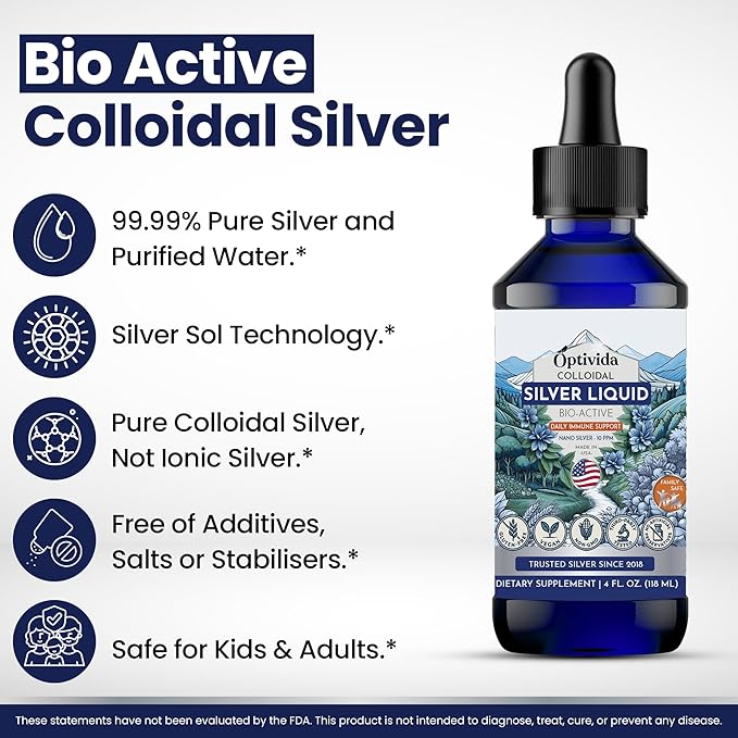 Optivida Colloidal Silver Liquid - 10 PPM Liquid Silver Immune Support, Pure Nano Silver Hydrosol Liquid for Family Wellness - Natural Silver Water for Adults & Kids, Non-GMO, 3rd Party Tested - 4 Oz
