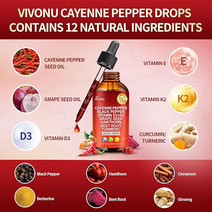 VivoNu Cayenne Pepper Softgels Supplement, Supports Leg Vein, Heart and Blood Vessel Health, with Vitamin E D3+K2 and Extracts of Grape Seed, Hawthorn, Beetroot, Berberine (Drops /4 Bottle)