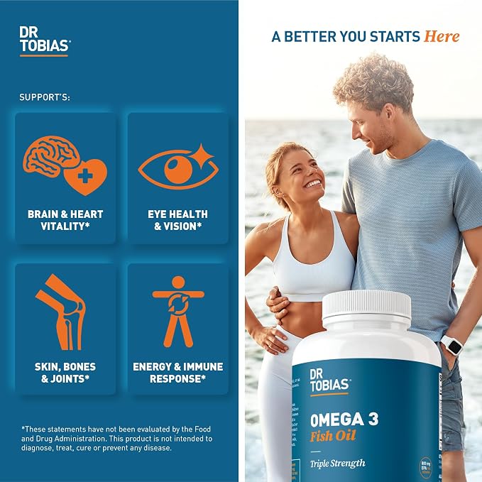 Dr. Tobias Omega 3 Fish Oil 2000mg Triple Strength with 800mg EPA 600mg DHA Per Serving | Fish Oil Omega 3 Supplements for Heart Brain & Immune Support - 60 Softgels (30 Servings)