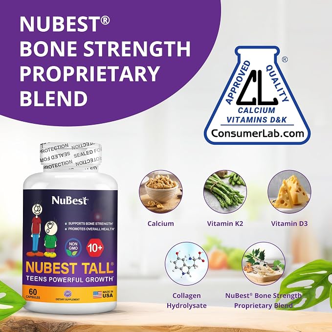 NuBest Tall 10+ Premium Bone Strength Formula, Brain Growth, Immunity and Overall Health for Age 10+ with Calcium, Vitamin D3, Vitamin K2, and Multivitamins | Pack 6
