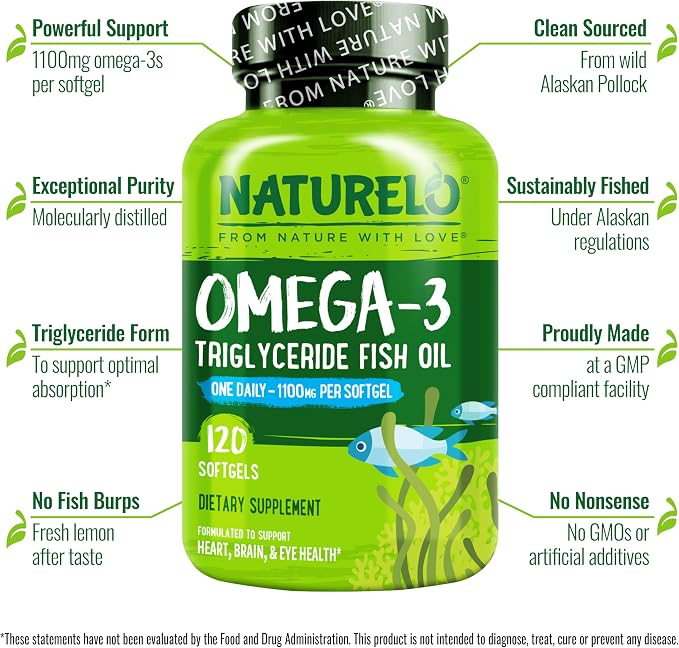 NATURELO Burpless Omega 3 Fish Oil Supplement - 1100mg Triglyceride Omega-3, EPA + DHA, Liquid Fish Oil for Heart, Eye, Brain, Joint Health - 120 Softgels, 4 Months Supply