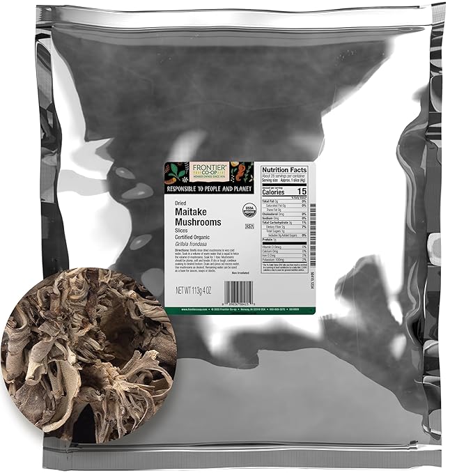 Frontier Co-op Organic Maitake Mushrooms, Dried Slices, Bag - Earthy, Savory Flavor for Pasta, Tacos, Soups | 4 Ounce (Pack of 1)