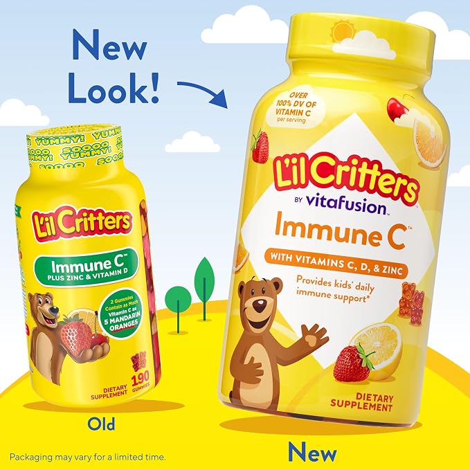 L’il Critters Immune C Daily Gummy Supplement Vitamin for Kids, for Vitamin C, D and Zinc for Immune Support, Orange, Lemon, Strawberry and Cherry Flavors, 190 Gummies (Packaging May Vary)