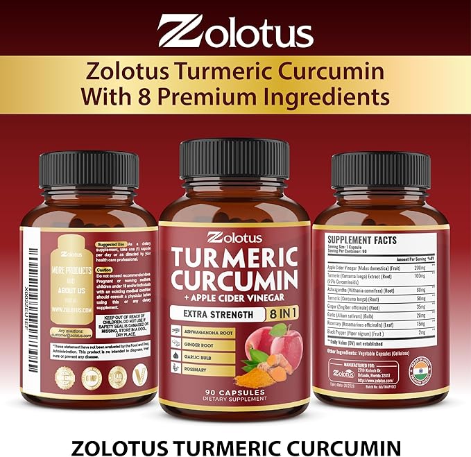8 in 1 Turmeric Curcumin + Apple Cider Vinegar Capsules, 3 Month Supply with Ashwagandha, Ginger, Garlic Bulb, 95% Standardized Curcuminoids, Joint & Absorption Support