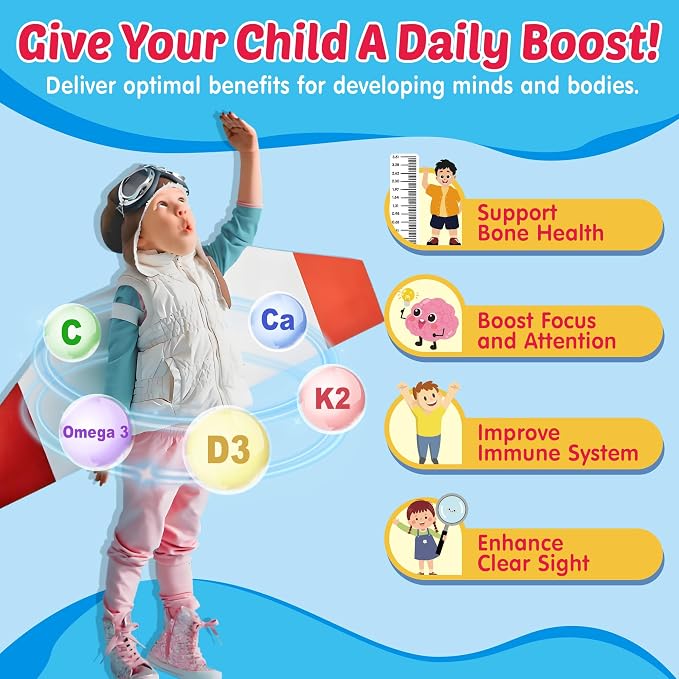 Kids Omega 3 Gummies + Calcium 400mg + Vitamin D3 K2 + C, Omega-3 DHA & EPA Supplement - No Fish Burps, No Sugar - Kids & Teens Omḛga 3 + Multivitamin Gummy for Strong Bones, Brain, Immune, Eye, 2Pack