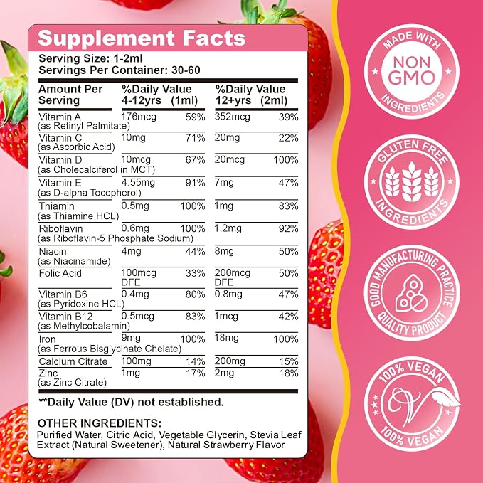 Liquid Iron Supplement for Kids, Women & Men - Kids Multivitamin with Iron Drops - Immune Support, Blood Builder & Energy Support for Iron Deficiency, Anemia - Strawberry Flavor, 4 Fl Oz
