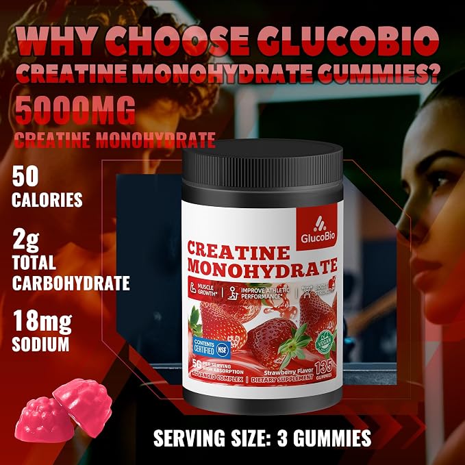 Creatine Monohydrate Gummies (5g) – Pre-Workout Energy & Muscle Growth Support for Men & Women | Strawberry Electrolyte Gummies (135 Count)