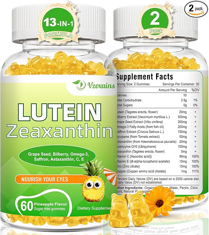Lutein 20 mg with Zeaxanthin Gummies, Lutein and Zeaxanthin Supplements with Eye Vitamins C, E, Bilberry for Eye Health - 120Cts