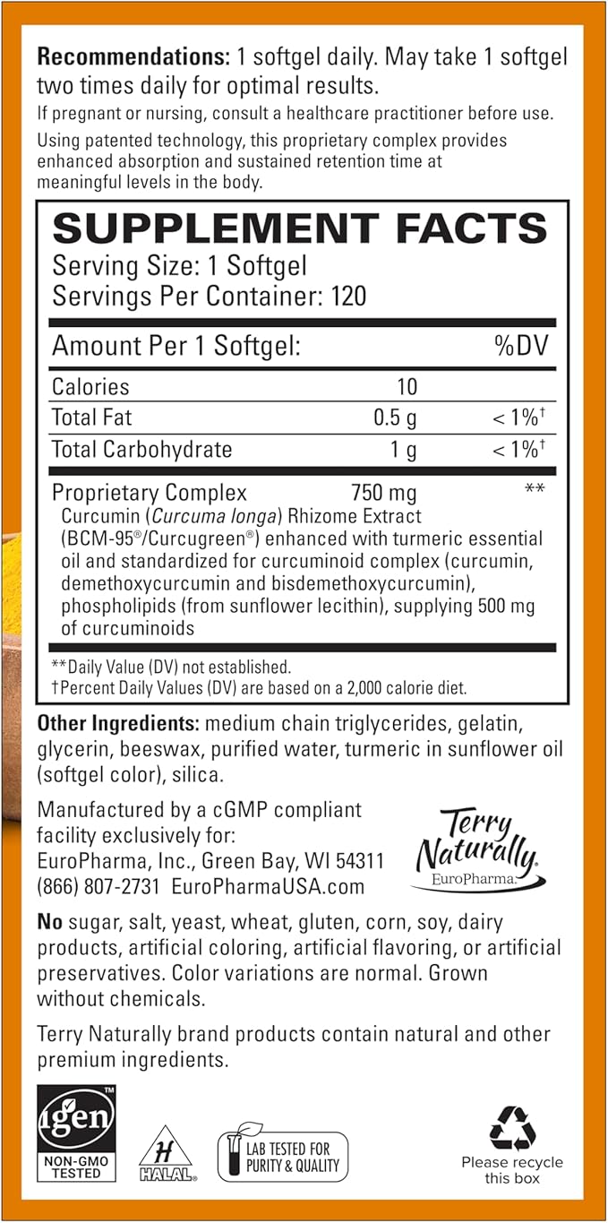 Terry Naturally CuraMed 750 mg - Antioxidant Supplement for Brain & Heart Health Support - Supplement with High-Potency Curcumin Complex - Kidney, Liver & Immune Health Support - 120 Softgels (1 Pack)
