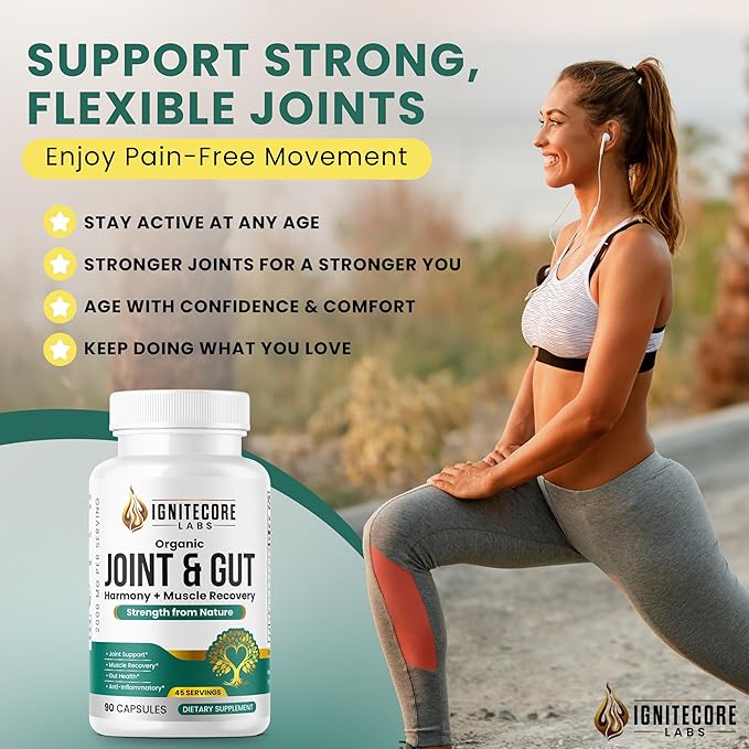 Organic Joint & Gut Harmony – Turmeric Curcumin, Boswellia, Type II Collagen, Tart Cherry, Ginger, Moringa, Probiotics – Joint Comfort, Mobility, Flexibility, Gut Balance, Digestive Support – 2000mg