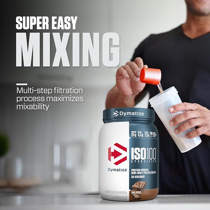 Dymatize ISO100 Whey Protein Powder Isolate, Fudge Brownie, 25g of Protein, 5.5g BCAAs, Less Than 120 Cal., Gluten Free, 1g Fat, 1g Sugar, 2g Carb (20 Servings)