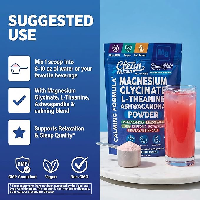 Magnesium Glycinate Powder Supplement + L Theanine Ashwagandha Glycine Apigenin Lemon Balm GABA 5HTP Pink Salt Potassium L Tryptophan Calcium | Powdered Sleep Aid Calm Trace Minerals Vitamin