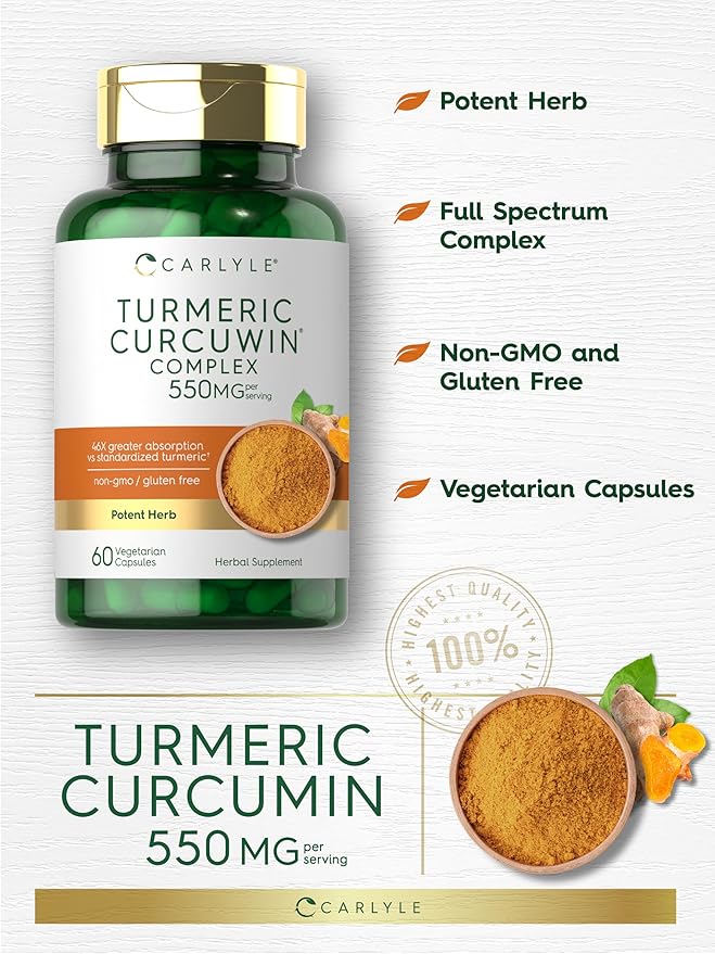 Carlyle Turmeric Curcumin 550mg | 60 Vegetarian Capsules | High Absorption with 95% Curcuminoids and CurcuWin Extract | Non-GMO & Gluten Free Supplement