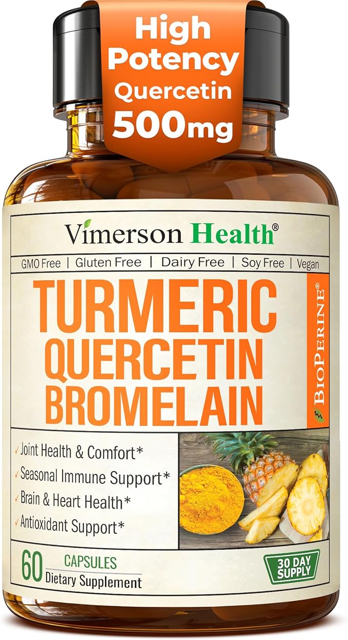 Quercetin with Bromelain Turmeric Curcumin Supplement – Allergy Relief, Immune & Joint Support – Organic Turmeric Supplement w/Bioperine for Enhanced Absorption, 60 Quercetin 500mg Capsules